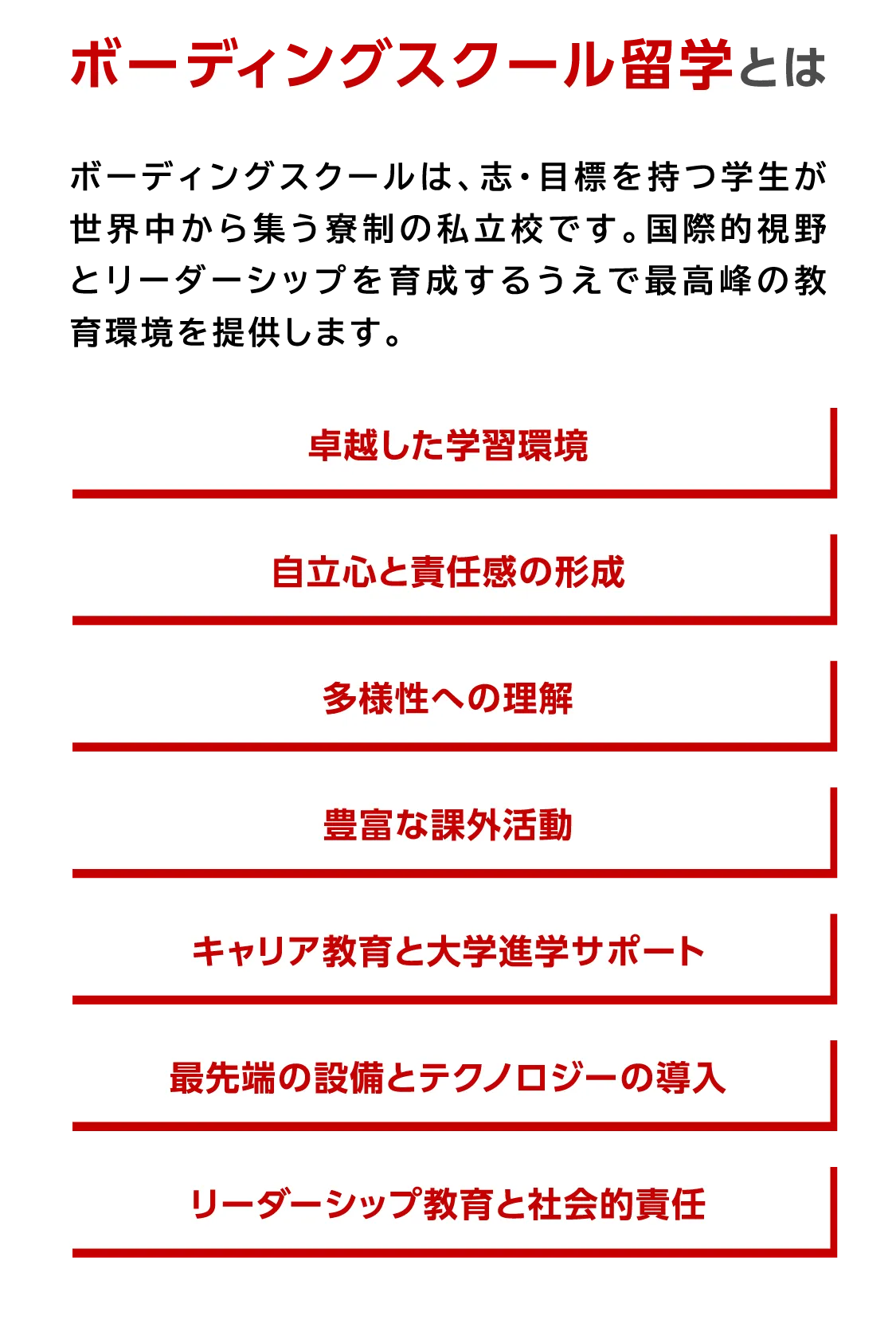 ボーディングスクール留学とは ボーディングスクールは、志・目標を持つ学生が世界中から集う寮制の私立校です。国際的視野とリーダーシップを育成するうえで最高峰の教育環境を提供します。