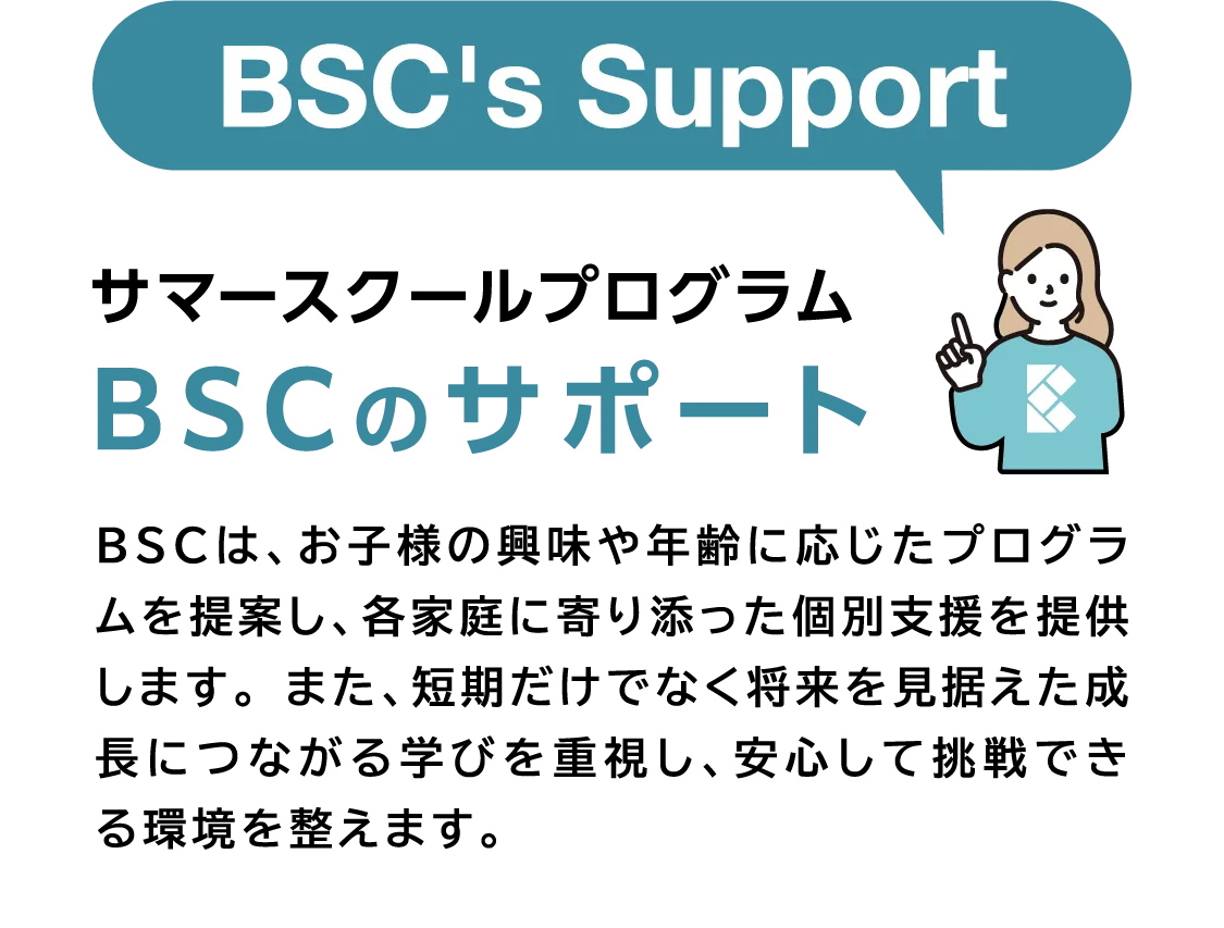 サマースクールプログラム BSCのサポート BSCは、お子様の興味や年齢に応じたプログラムを提案し、各家庭に寄り添った個別支援を提供します。 また、短期だけでなく将来を見据えた成長につながる学びを重視し、安心して挑戦できる環境を整えます。